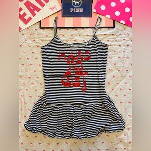 VS PINK VINTAGE Y2K CAMI BABYDOLL RUFFLE DRESS STRIPED “HARD TO GET” DOG LOGO LG